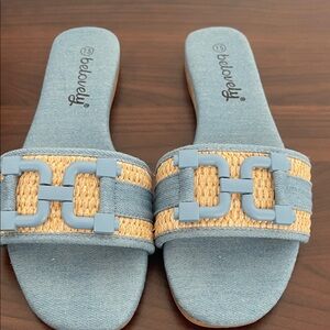Everly Denim Blue and Tan Slide Sandals